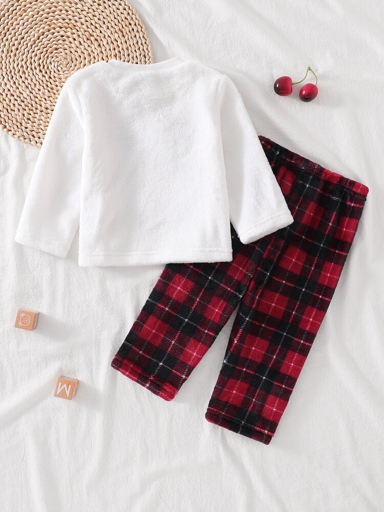 2-Piece Baby Girl Soft Fluffy White Long Sleeve & Pants Set, Penguin Embroidery, 3D Bow, Red Plush Plaid, Warm Winter - Multicolor - View 2