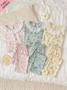SHEIN 青少年女孩簡約時尚花卉印花荷葉邊長袖褲裝舒適4件套居家服 - 綠色 - 查看 1