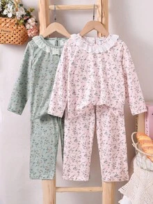 SHEIN 青少年女孩簡約時尚花卉印花荷葉邊長袖褲裝舒適4件套居家服 - 綠色 - 查看 6