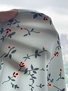 SHEIN 青少年女孩簡約時尚花卉印花荷葉邊長袖褲裝舒適4件套居家服 - 綠色 - 查看 4