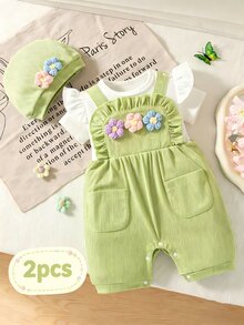 SHEIN Playful Pals 2 件女婴夏季时尚套装：可爱 3D 花卉刺绣荷叶边袖连体衣和帽子 - 綠色 - 查看 2