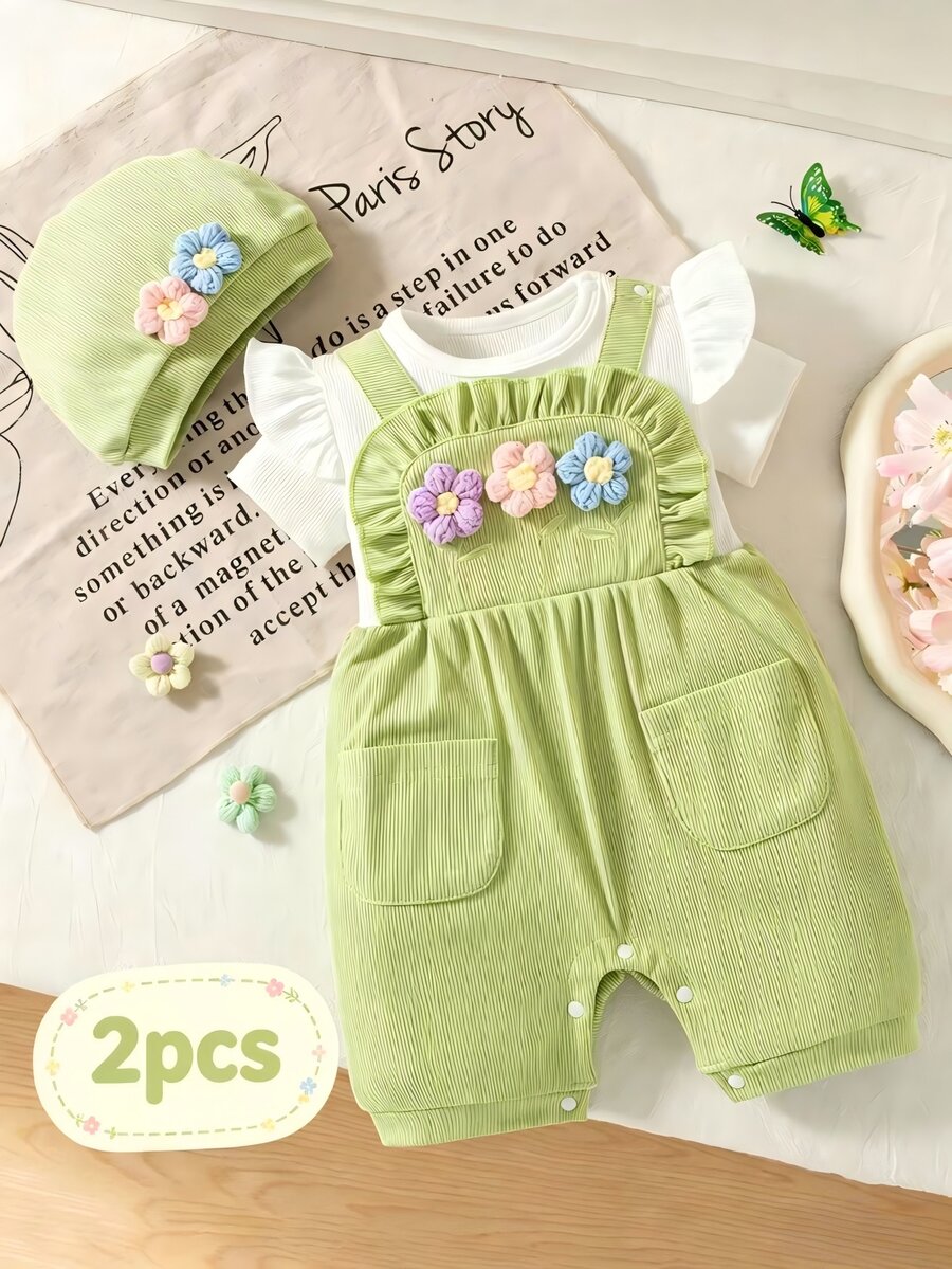 SHEIN Playful Pals 2 件女婴夏季时尚套装：可爱 3D 花卉刺绣荷叶边袖连体衣和帽子