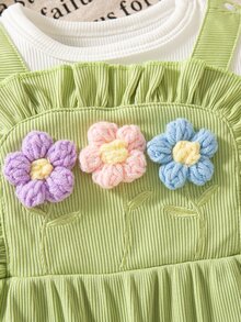 SHEIN Playful Pals 2 件女婴夏季时尚套装：可爱 3D 花卉刺绣荷叶边袖连体衣和帽子 - 綠色 - 查看 7
