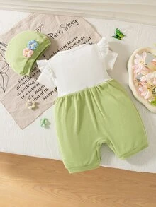 SHEIN Playful Pals 2 件女婴夏季时尚套装：可爱 3D 花卉刺绣荷叶边袖连体衣和帽子 - 綠色 - 查看 3