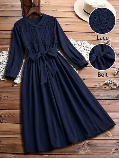 GlowEve CURVE Plus Size Women's Casual Commute Lace Trim Patchwork Dress, Textured Draping Fabric, Stand Collar, Tie Waist, Long Sleeve Fall
