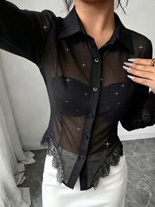 RosyDaze 女款性感亮片鈕扣透視蕾絲拼接上衣，黑色，適合萬聖節夜晚外出與夏季穿著 - 黑色 - 查看 8