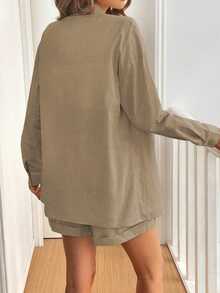 EMERY ROSE Vintage Cotton Pocket Comfortable Casual Shirt And Shorts Set - Camel - View 2