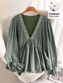 CosyJoli Plus Size Women Casual T-Shirt, Long Sleeve Embroidered T-Shirt Fall - Green - View 6
