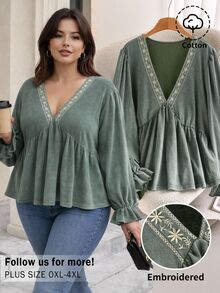 CosyJoli Plus Size Women Casual T-Shirt, Long Sleeve Embroidered T-Shirt Fall - Green - View 4