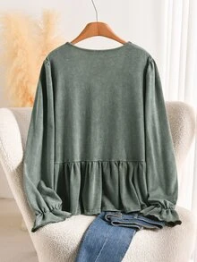 CosyJoli Plus Size Women Casual T-Shirt, Long Sleeve Embroidered T-Shirt Fall - Green - View 3