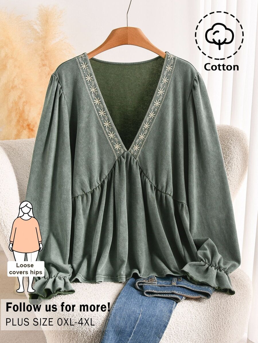 CosyJoli Plus Size Women Casual T-Shirt, Long Sleeve Embroidered T-Shirt Fall