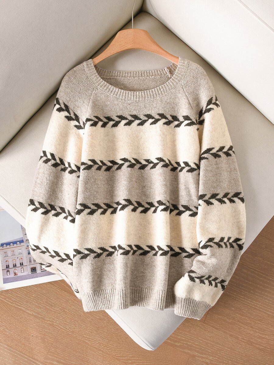CosyJoli Plus Size Women's Striped Crew Neck Raglan Long Sleeve Loose Pullover Sweater Winter