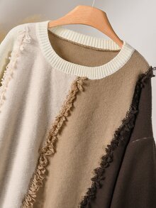 CosyJoli Plus Size Women's Colorblock Tassel Trim Loose Casual 1920 Vintage Pullover Sweater Autumn Formal Vacation Brown - Multicolor - View 4