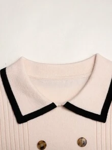 SHEIN 兒童青少年女孩灰色提花圓點蝴蝶結裝飾休閒圓領長袖收腰針織洋裝，優雅風格秋冬服飾 - 杏色 - 查看 7
