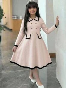 SHEIN 兒童青少年女孩灰色提花圓點蝴蝶結裝飾休閒圓領長袖收腰針織洋裝，優雅風格秋冬服飾 - 杏色 - 查看 5