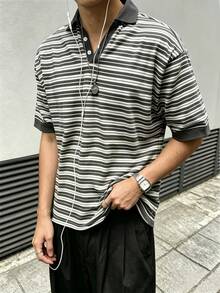 Resyla Men 休閒街頭風男士條紋鈕扣設計短袖T恤，黑白條紋，適合約會之夜、派對、夏季穿著 - 黑與白 - 查看 4