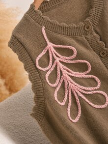 CosyJoli Plus Size Elegant Casual 80s French Pink Wheat Stalk Embroidered 3D Wavy Textured Knit Cardigan Sweater Top For Women Fall Homewear Vacation - Brown - View 3