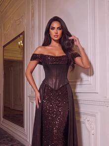 Glamrae Sexy Chocolate Brown Sequin Sequins Tulle Cowl Neck Corset Open Back Ruffle Mermaid Train Summer Ball Prom Wedding Guest Formal Evening Gown - Coffee Brown - View 2