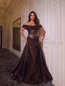 Glamrae Sexy Chocolate Brown Sequin Sequins Tulle Cowl Neck Corset Open Back Ruffle Mermaid Train Summer Ball Prom Wedding Guest Formal Evening Gown - Coffee Brown - View 1
