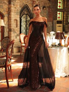 Glamrae Sexy Chocolate Brown Sequin Sequins Tulle Cowl Neck Corset Open Back Ruffle Mermaid Train Summer Ball Prom Wedding Guest Formal Evening Gown - Coffee Brown - View 7