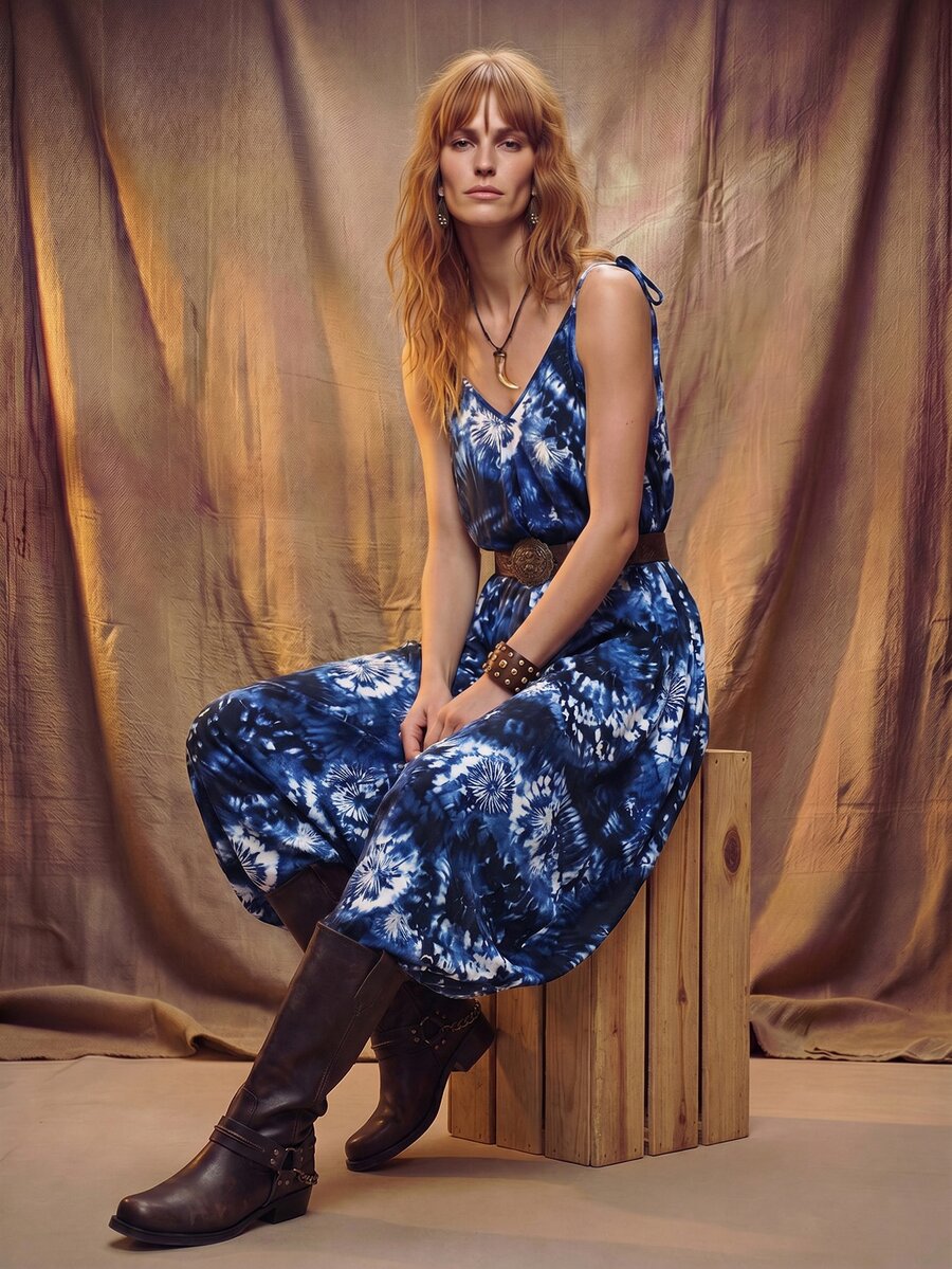 Fembélia Printed & Tie-Dye Ink Wash Casual Loose Jumpsuit For Women - Blue - View 1