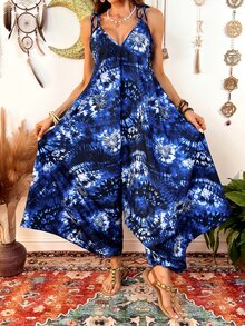 Fembélia Printed & Tie-Dye Ink Wash Casual Loose Jumpsuit For Women - Blue - View 5