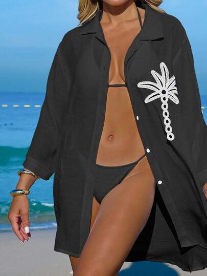 Fembélia Kimono Pantai Kasual Wanita Motif Pohon Kelapa Putih dengan Kancing