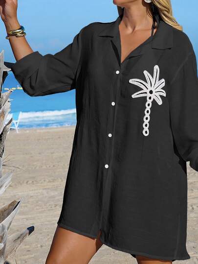 Fembélia Women's White Coconut Tree Button Casual Vacation Beach Kimono Cover Up