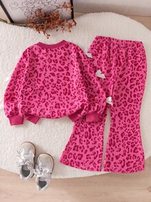 SHEIN Elladie kids Tween Girls Striped Bow Decor 2-Piece Outfit, Waffle Knit Long Sleeve Top & Ribbed Flare Pants Set - Hot Pink - View 2