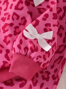 SHEIN Elladie kids Tween Girls Striped Bow Decor 2-Piece Outfit, Waffle Knit Long Sleeve Top & Ribbed Flare Pants Set - Hot Pink - View 5