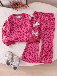 SHEIN Elladie kids Tween Girls Striped Bow Decor 2-Piece Outfit, Waffle Knit Long Sleeve Top & Ribbed Flare Pants Set - Hot Pink - View 7