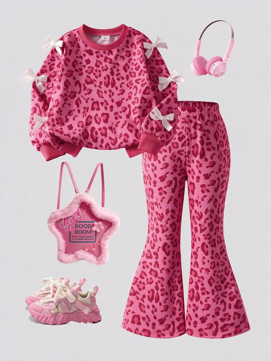 SHEIN Elladie kids Tween Girls Striped Bow Decor 2-Piece Outfit, Waffle Knit Long Sleeve Top & Ribbed Flare Pants Set - Hot Pink - View 1