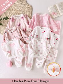 6 Set Dikirim Secara Acak 1 Set Musim Gugur/Musim Dingin Flanel Dua Sisi Motif Bayi Perempuan Elegan Lucu Motif Kucing Pita Hati Bunga Ceri Kerah Bergaris Lengan Panjang Celana Panjang Pakaian Santai Fleece Acak 6-in-1 Set Dua Potong - MultiWarna - View 8