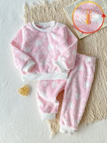 6 Set Dikirim Secara Acak 1 Set Musim Gugur/Musim Dingin Flanel Dua Sisi Motif Bayi Perempuan Elegan Lucu Motif Kucing Pita Hati Bunga Ceri Kerah Bergaris Lengan Panjang Celana Panjang Pakaian Santai Fleece Acak 6-in-1 Set Dua Potong - MultiWarna - View 3