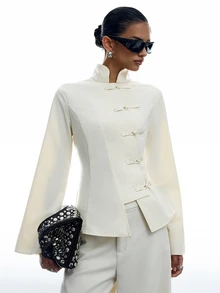 LYSMO Women's Solid Color Long Sleeve Frog Button Design Chinese Style Blouse Dinner Formal Off-White Autumn Outfits For Women Elegant Work Wear Women - Apricot - View 4