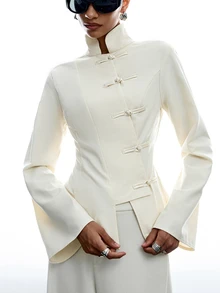 LYSMO Women's Solid Color Long Sleeve Frog Button Design Chinese Style Blouse Dinner Formal Off-White Autumn Outfits For Women Elegant Work Wear Women - Apricot - View 9