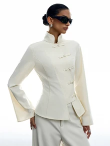 LYSMO Women's Solid Color Long Sleeve Frog Button Design Chinese Style Blouse Dinner Formal Off-White Autumn Outfits For Women Elegant Work Wear Women - Apricot - View 7