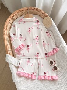 SHEIN 女嬰針織卡通可愛小女孩圖案拼接對比色荷葉邊下擺休閒睡衣上衣與長褲2件套 - 彩色 - 查看 2