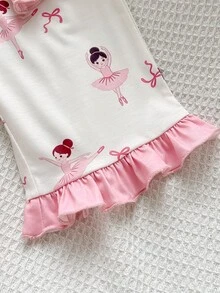 SHEIN 女嬰針織卡通可愛小女孩圖案拼接對比色荷葉邊下擺休閒睡衣上衣與長褲2件套 - 彩色 - 查看 7