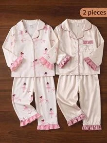 SHEIN 女嬰針織卡通可愛小女孩圖案拼接對比色荷葉邊下擺休閒睡衣上衣與長褲2件套 - 彩色 - 查看 3