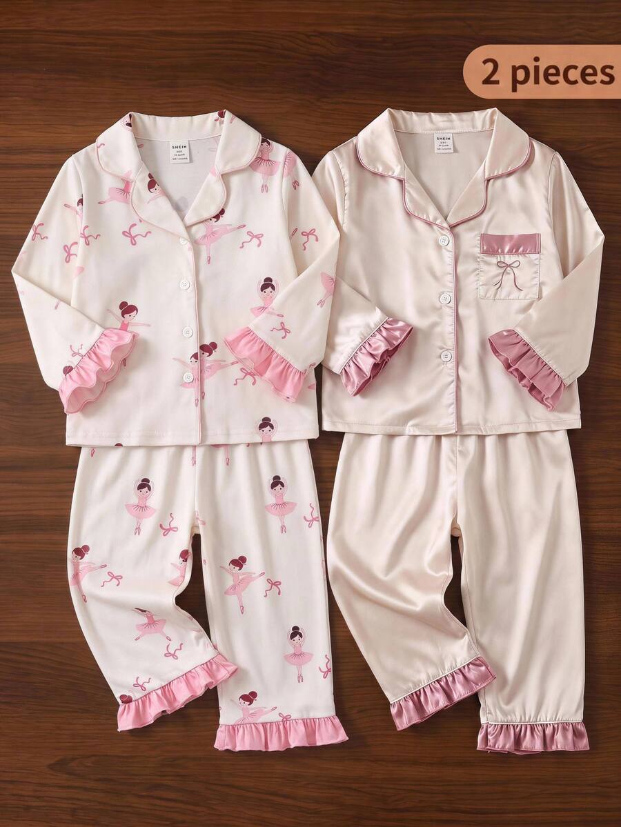 SHEIN Baby Girl Knit Cartoon Cute Little Girl Pattern Patchwork Contrast Color Ruffle Hem Casual Pajama Top And Long Pants 2 Pieces Set - Multicolor - View 1