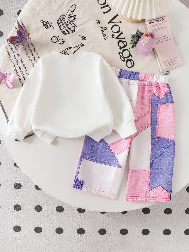 SHEIN Baby Girls Fall Winter Knitted Crew Neck T-Shirt With Pink Blue Bow & Foil Print Decor Denim Effect Long Pants T-Shirt 2pcs Set Sporty Fashion - White - View 2