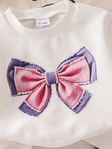 SHEIN 女嬰秋冬針織圓領T恤，粉藍蝴蝶結與箔印裝飾，丹寧效果長褲，2件套運動時尚套裝 - 白色 - 查看 6