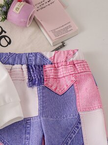 SHEIN 女嬰秋冬針織圓領T恤，粉藍蝴蝶結與箔印裝飾，丹寧效果長褲，2件套運動時尚套裝 - 白色 - 查看 9