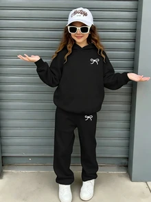 Tween女孩可愛蝴蝶結圖案休閒街頭風連帽長袖衛衣與同款印花慢跑褲2件套，適合秋冬，舒適保暖，女孩套裝，運動休閒服，適合外出與街頭穿搭 - 黑色 - 查看 2