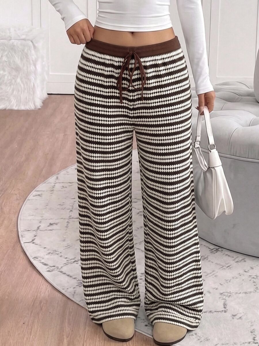 SHEIN Teen Girl Teen Girls Brown Knitted Striped Casual Long Pants - Brown - View 1