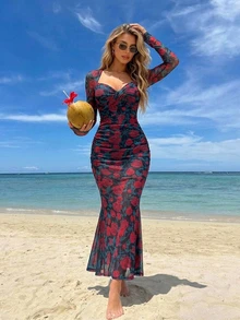 DAZY Elegant Romantic Dark Red Floral All-Over Print Fall Midi Dress,Sheer Long Sleeve Slim Fit Fishtail Hem,Tea Party Dinner Date Night,Wedding,Formal - Red - View 3
