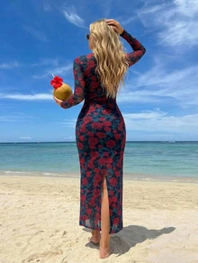DAZY Elegant Romantic Dark Red Floral All-Over Print Fall Midi Dress,Sheer Long Sleeve Slim Fit Fishtail Hem,Tea Party Dinner Date Night,Wedding,Formal - Red - View 2