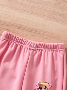 SHEIN 幼童女童可愛咖啡杯與芭蕾女孩印花圓領運動衫與運動長褲休閒兩件套，適合日常休閒穿著 - 粉色 - 查看 4