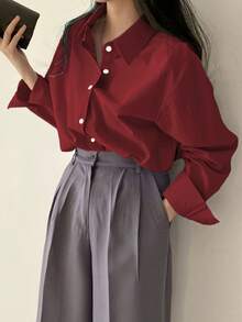 DAZY Women's Casual Solid Color Drop Shoulder Long Sleeve Business Blouse,Long Sleeve Tops,Fall Clothes - Burgundy - View 7